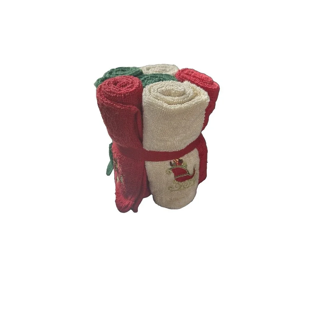 Vintage Bath Set of 6 Christmas Embroidery Multicolor Wash Cloths/Towels- New